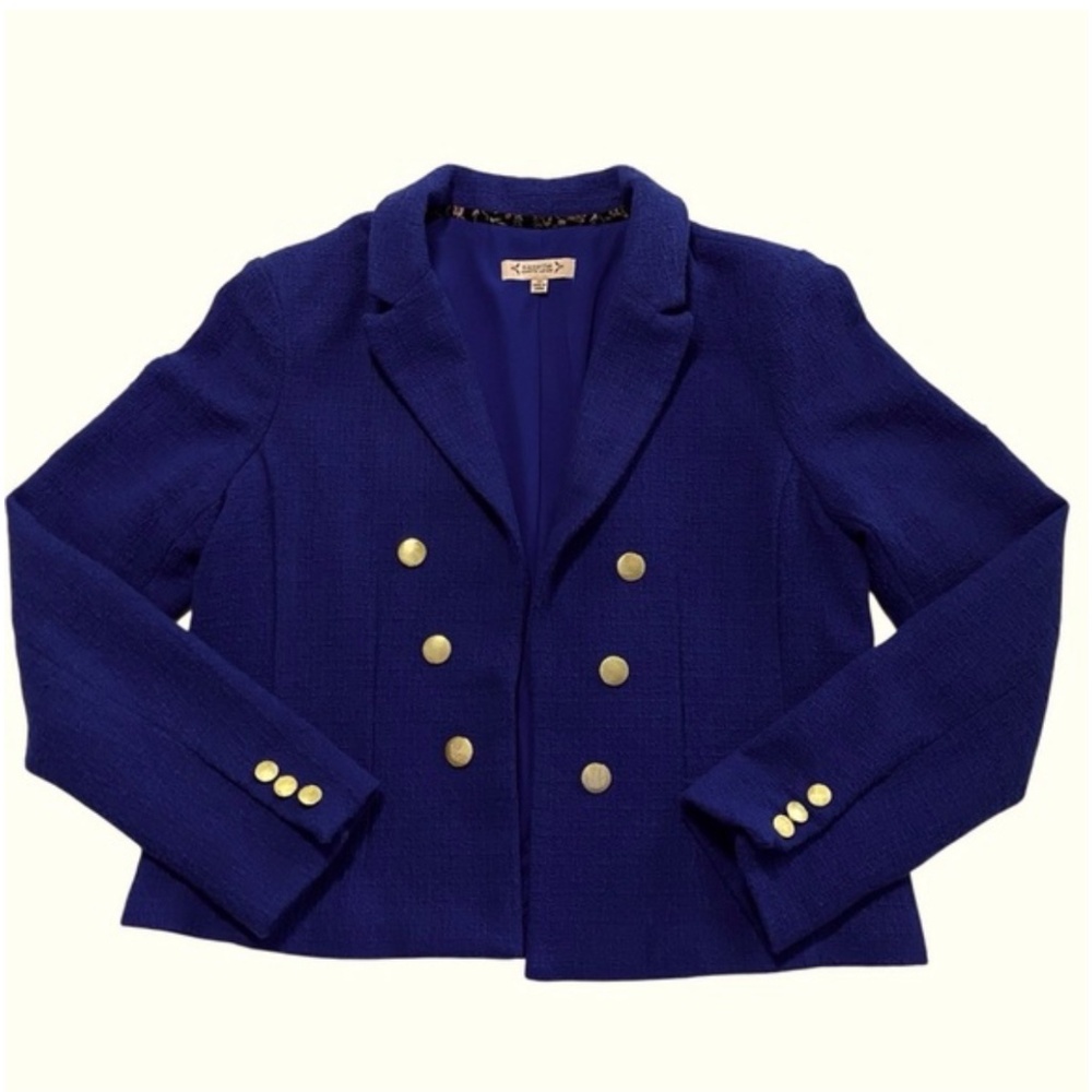 Nanette Lepore Blue Open Front Suit Blazer Jacket Size 10 Boucle Officecore